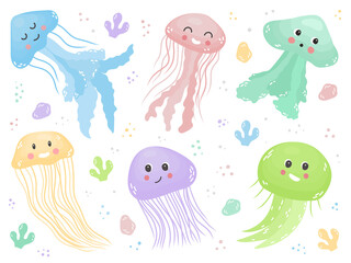 Fototapeta na wymiar Cute bright set of jellyfish of different species