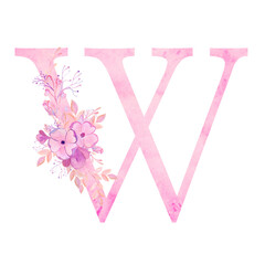 Pink letters with flowers. Romantic, delicate watercolor font. Wedding clipart on a white background.