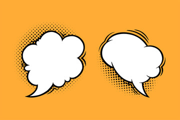 Cloud speech bubbles with halftone shadows in comic style. Vintage speech boxes isolated in yellow background. Handdrawn vector illustration