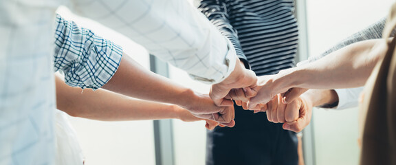 Panoramic Teamwork,empathy,partnership and Social connection in business join hand together concept.Hand of diverse people connecting.Power of volunteer charity work, Stack of people hand. - obrazy, fototapety, plakaty