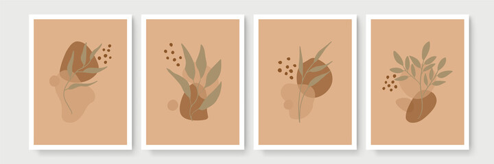 Collection of minimalistic floral botanical elements on abstract shapes background. Abstract modern trendy vector illustration.
