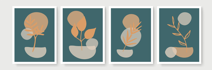 Stylish set of templates with abstract shapes and hand draw leaves in pastel colors. Neutral background in boho style. Vector Illustration