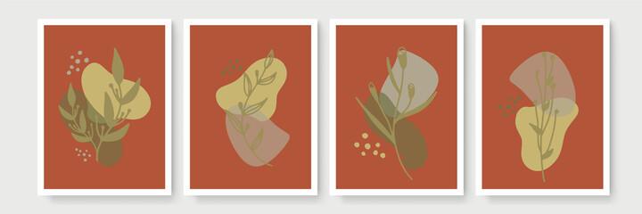 Boho aesthetic abstract botanical wall art poster prints. Scandinavian design, neutral natural colors. Bohemian collage wall prints. Mid Century Modern design. Plant fruit posters. Vector illustration
