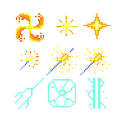 Pixel art abstract icons set. Fx light effects. Light symbols. Electric lightning bolt. Energy effect. Bright light flare and sparks Isolated vector illustration. 