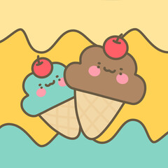 Ice cream cone vector with mint and chocolate topping with cherry. Ice cream cone with cute character illustration isolated on yellow and green background.