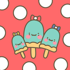 Ice cream stick vector with mint and vanilla. Ice cream stick with cute ribbon character illustration isolated on white and red polka dots background.