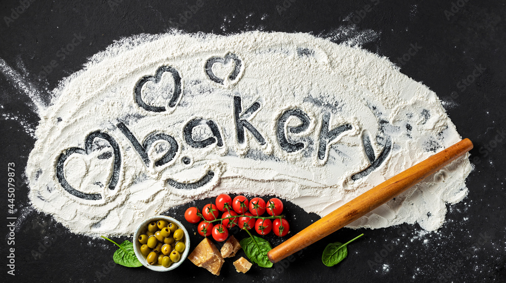 Poster word bakery and heart is written on flour with rolling pin and ingredients for making italian food, 