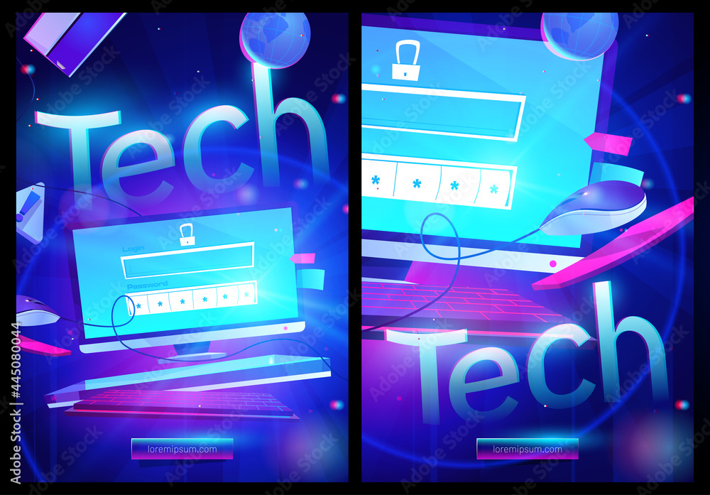 Poster tech cartoon poster, computer neon glowing desktop with lock, login and password form. personal data