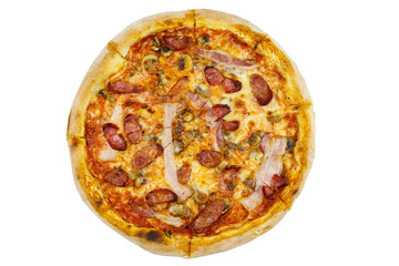 Delicious fresh pizza with sausage, mushrooms and cheese isolated on white background