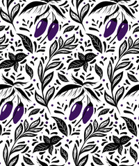 Seamless monochrome pattern with eggplants on the bushes, basil twigs and doodle decoration on white background. Vector natural texture. Gardening. Wallpaper and fabric with black herbs and vegetables