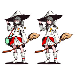 Cartoon illustration of halloween nurse witch with and without mask on white background