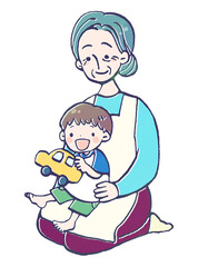 おばあちゃんと孫の男の子のイラスト