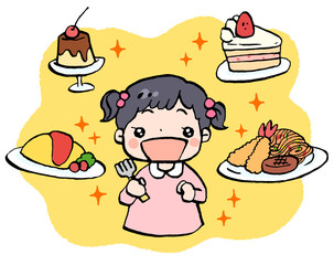 好きな食べ物に囲まれて嬉しそうな女の子のイラスト