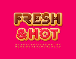 Vector bright emblem Fresh and Hot. Sweet Alphabet Letters and Numbers set. Pink icing Font
