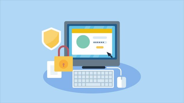 Data security, data protection, digital privacy protection, internet safety, information database, website secure login password authentication, shield and lock, cyber tech 2d animation 4k video clip.