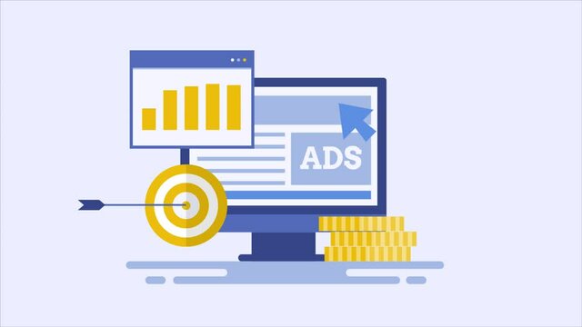Pay per click - ppc advertising campaign, targeting audience with digital ads, spending money on digital media, monitoring business analytics concept, 2d animation 4k video clip.