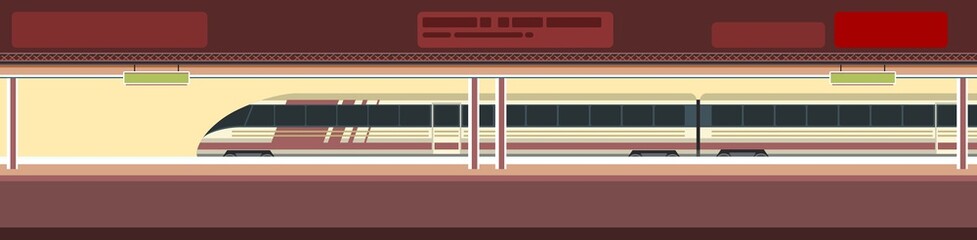 High-speed train at the metro station. Suburban and urban underground transport. Railway with a locomotive. Illustration. Flat style design. Vector