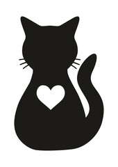 Silhouette of a sitting cat with a heart on the chest, suitable for cutting to scream, vector black silhouette of a cat