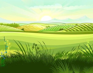 Obraz na płótnie Canvas Meadow hills with vegetable gardens and fields. Rangelands and pastures. Rural landscape. Out-of-town scenery with plots of land for agricultural processing. Farmland and farm location. Vector
