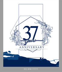 37th Anniversary logotype with hand drawn background blue color for celebration event, wedding, greeting card, and invitation.
