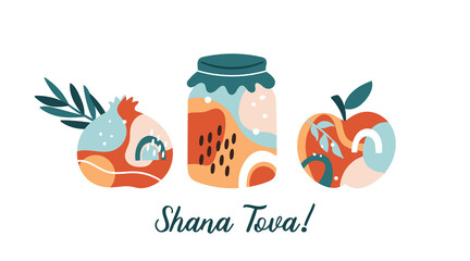 Jewish holiday Rosh Hashanah modern greeting card design. Honey jar, apple and pomegranate with abstract shapes creative concept.