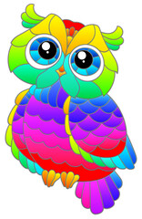 Illustration in stained glass style with a bright cartoon owl, the animal is isolated on a white background