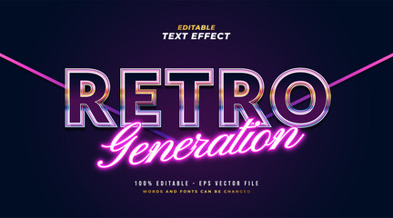 Colorful Retro Text Style and Glowing Purple Neon Effect. Editable Text Style Effect