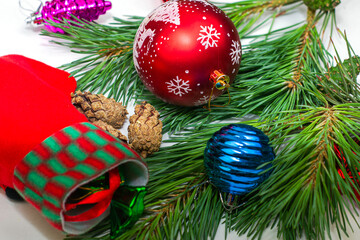 christmas tree decorations toys on a pine branch