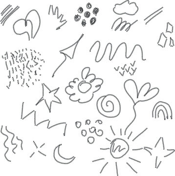 white background with black drawings doodle flowers, heart, lines, arrows, dots, circles, stars