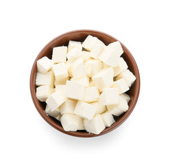 Bowl with pieces of feta cheese on white background