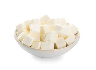 Bowl with pieces of feta cheese on white background