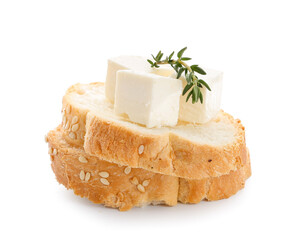 Pieces of delicious feta cheese, fresh bread and thyme on white background
