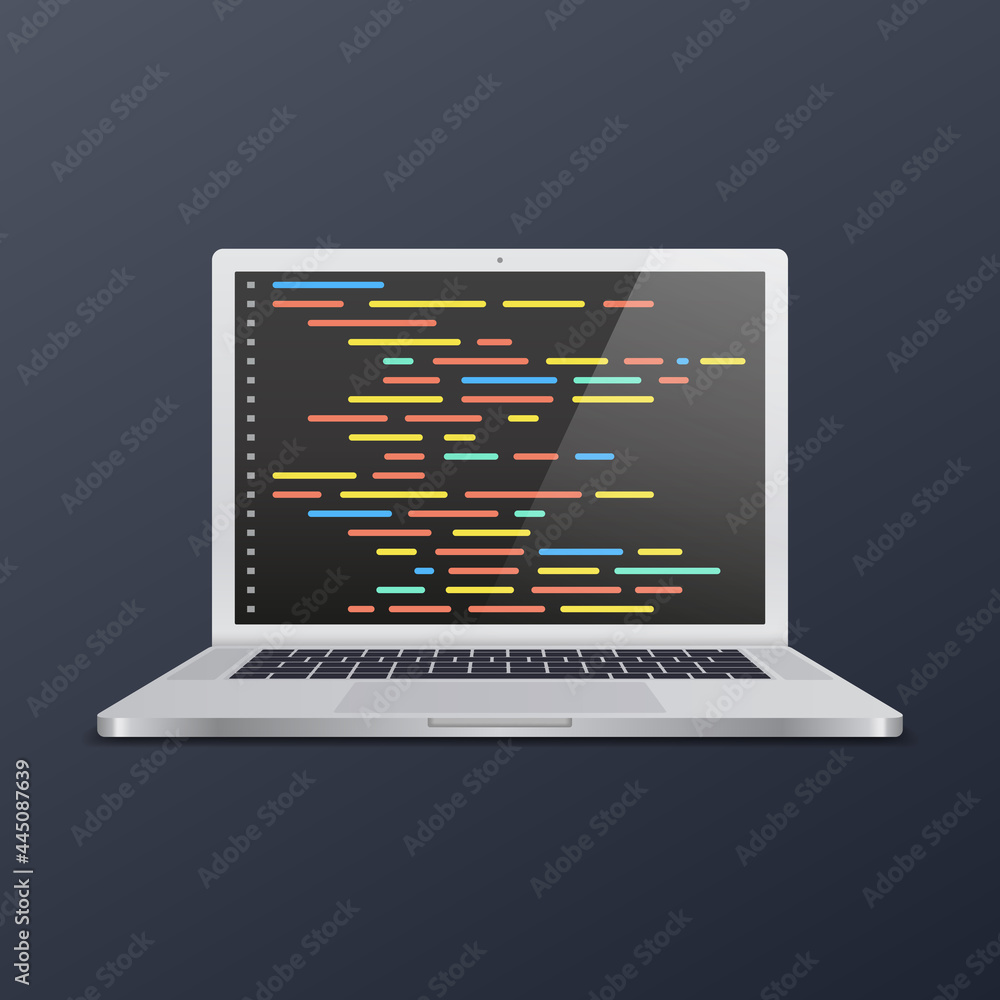 Poster realistic white laptop with code on screen. concept for web developer, design, programming. vector i