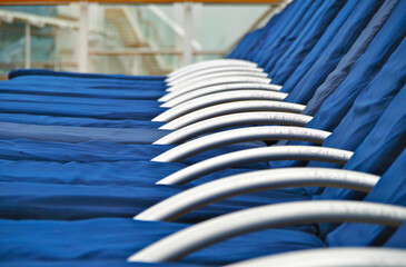 Terrace or patio or balcony on outdoor sun pool deck of luxury cruiseship cruise ship liner with...