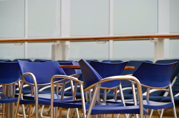 Terrace or patio or balcony on outdoor sun pool deck of luxury cruiseship cruise ship liner with...