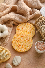 Composition with sponges and bath supplies on grunge background