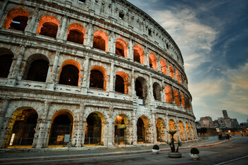 Colosseum in Rome in the night. travel directions and rest in Italy. Europe sightseeing landmarks and tourism
