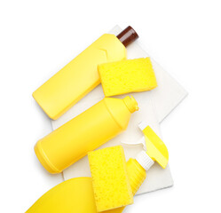 Set of cleaning supplies on white background