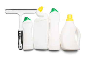 Set of cleaning supplies on white background