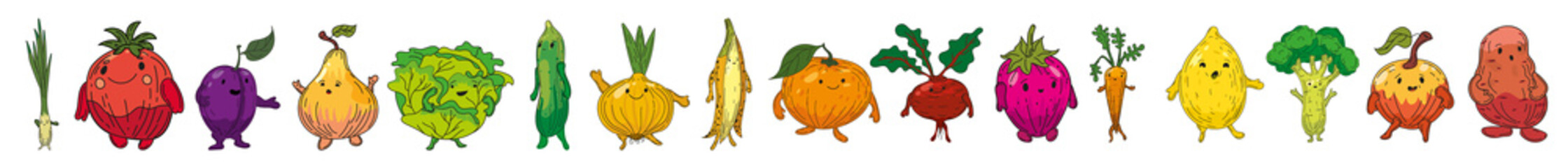 Vegetables set hand drawn scetch characters cartoon. Collection orange, beet root, strawberry, carrot, lemon, broccoli, apple, potato, tomato, leek, onion, plum, pear, cabbage, cucmber, onion, banana