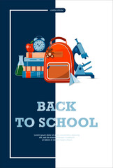 Back to school. Advertising banner, sale, online store, web. Stationery for school, university and office. Cartoon school supplies. Flat illustrations for elementary school. Bright cut out cliparts