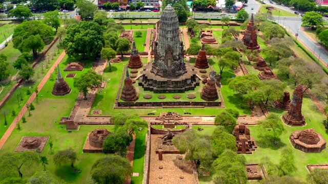 Aerial view of Ayutthaya temple, Wat Ratchaburana, empty during covid, in Phra Nakhon Si Ayutthaya, Historic City in Thailand