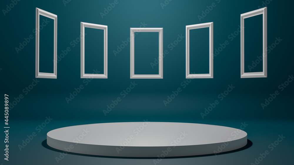 Poster abstract blank picture frame with white cylinder podium and green studio with copy space, blank fram