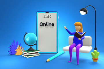 Women study online education with a mobile application with books, pencils, chairs, world Globe, plant on gradient blue background. Online training course. Digital Library. 3D rendering.