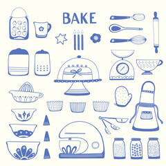 Baking kitchen icon illustration set. Vector blue outlines design resource elements.