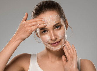 Woman face soap clean face beauty close up female