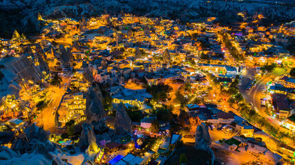 Goreme town at night in Cappadocia, Turkey.