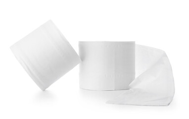 Rolls of toilet paper on white background
