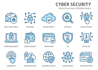 Cyber security line icons set. Vector illustration. Editable stroke. - 445091864