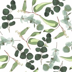 Fototapeta na wymiar Greenery seamless pattern with eucalyptus branch and herbs for wedding card, fabric, textile, wrapping. Watercolor style illustration on black background.